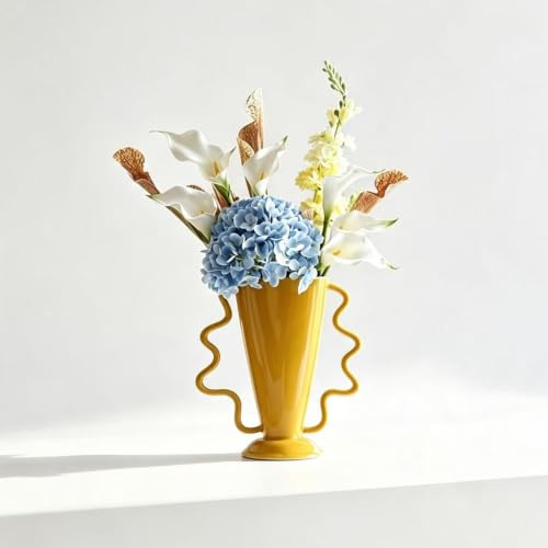 Yellow Rotary Vase Medieval Flower Vessel Living Room Entrance Personalized Simple Wabi Sabi Decorative Ornament Ceramic Ornament (Yellow)