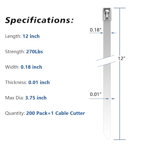 Metal Zip Tie Gun Kit with 200 Pcs 12" Stainless Steel Cable Ties (Silver / 12 inch (200 pcs) + Tool (0.12-0.47 inch))