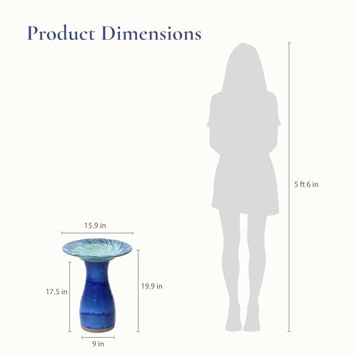 LuxenHome 20" Ceramic Bird Bath for Outside (Navy Blue)