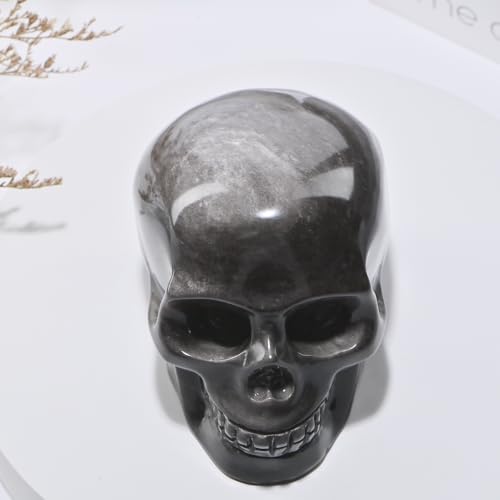 5''Natural Silverstone Obsidian Crystal Skull Head Hand Carved Reiki Healing Stone Statue Healing Home Office Art Room Decoration (Silverstone Obsidian / 5inch)