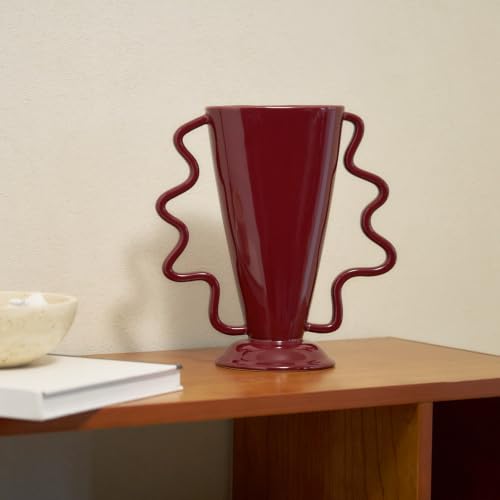 Red Rotary Vase Medieval Flower Vessel Living Room Entrance Personalized Simple Wabi Sabi Decorative Ornament Ceramic Ornament (Red)