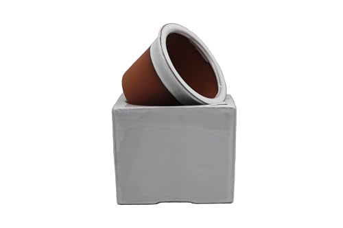 Ceramic African Violet Self Watering Pot 6 Inch Square Pot 3.5 Inch Innter Pot Easy Fill Water Reservoir White (White)