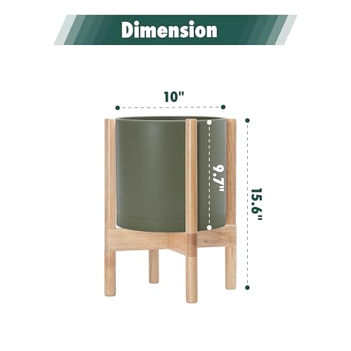 Plastic Pot with Natural Wood Stand (Olive Pot + Natural Stand / 10 Inch)