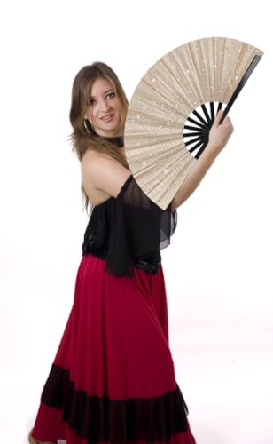 2 Pack Glitter Large Folding Hand Fans for Line Dancing (Champagne Gold)
