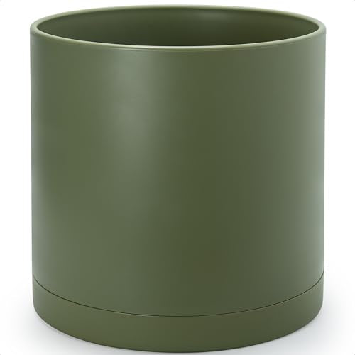 Plastic Planter Pot with Saucer (16 Inch / Olive)