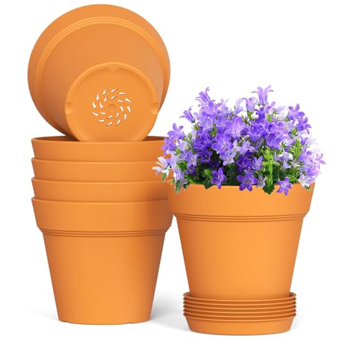 5 Inch Plastic Plant Pots with Drainage Holes and Trays (6 Count)