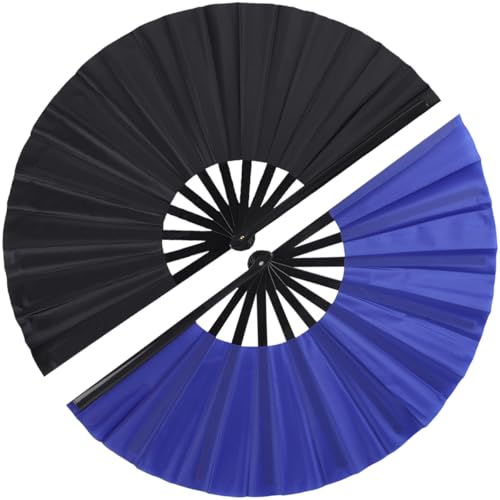 2 Pack Large Folding Hand Fan for Line Dance (Black&Blue)