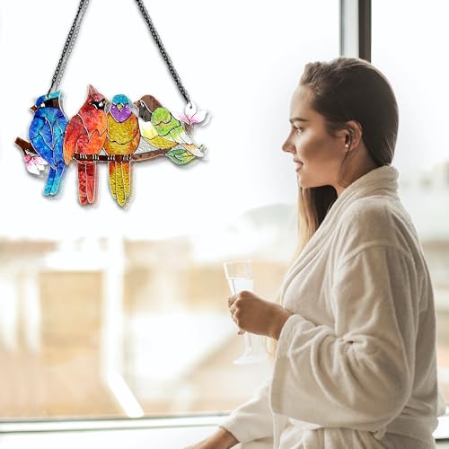 Birds on A Branch Stained Glass Window Hanging Suncatcher Bird Lover Gifts
