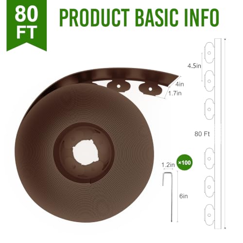 Landscape Edging 4 Inch Tall 80FT with 100Pcs Metal Spikes (Brown / 80FT)