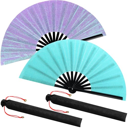 2 Packs Large Folding Hand Fans (Glitter Purple Blue)