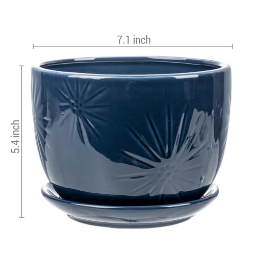 7 Inch Round Blue Ceramic Plant Pot with Drainage Hole and Attached Saucer (Blue)
