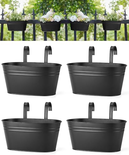 10.5 Inch Metal Hanging Flower Pots 4 Pcs Outdoor Railing Planter Box (4 Count)