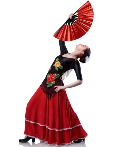 Large Holographic Folding Hand Fan for Line Dance (Red)