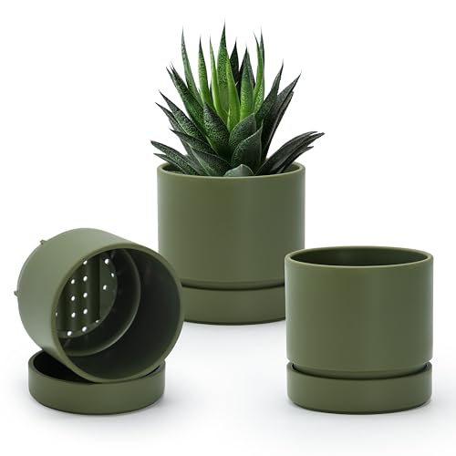 4 Inch Planter Pot with Drainage Hole & Saucer (4" (3 Pack) / Olive)
