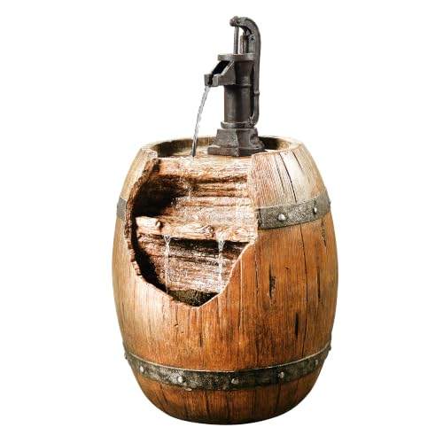 Vintage Barrel Waterfall Fountain with Pump for Outdoor Patio Garden Backyard Decking (Dark Wood)