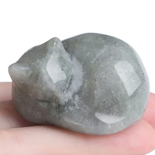Labradorite Cat Healing Crystals Figurine Sleeping Cat Hand Carved Cute Statue Polished Stone Sculpture Reiki Office Room Bedroom Desk Home Decoration Gifts 1.6" (P-labradorite)