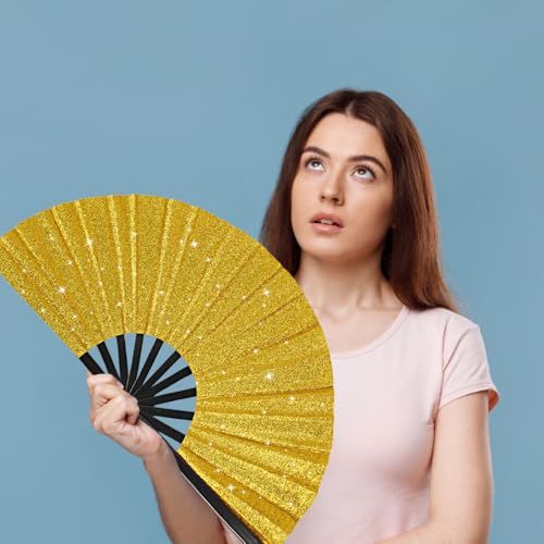 2 Pack Glitter Large Folding Hand Fans for Line Dancing (2 Gold)