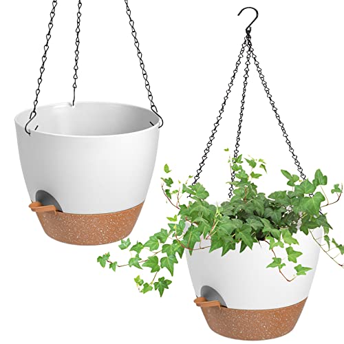 10 Inch Self Watering Hanging Planters for Indoor Outdoor Plants (10'' / White)