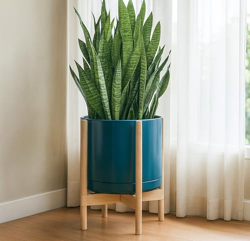 Ceramic Pot with Natural Wood Stand (14 Inch / Teal Pot + Natural Stand)