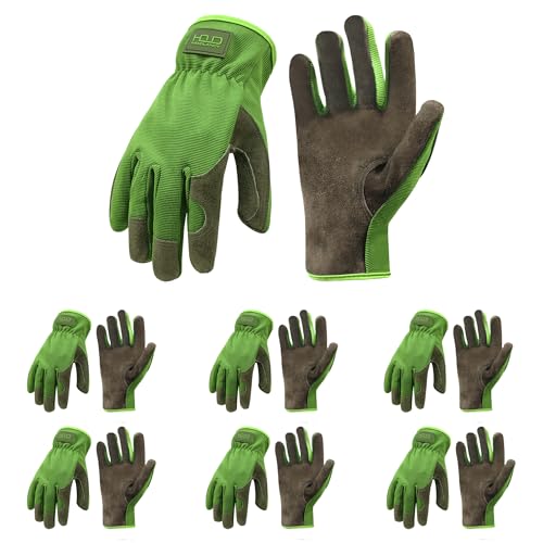 Men Leather Gardening Gloves (Green (6 Pairs) / Small)