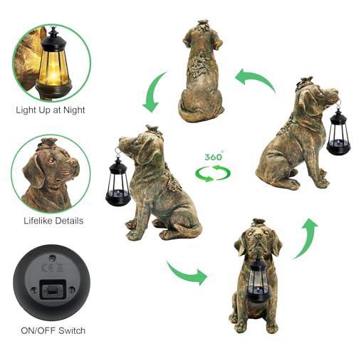Garden Statue Dog Figurine Decor with Solar Lights 11in Outdoor Decoration (Bronze - Dog with Lantern)