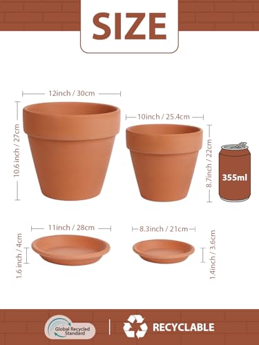 Terracotta Pot with Saucer 10&12 Inch (10/12 inch -2 pcs)