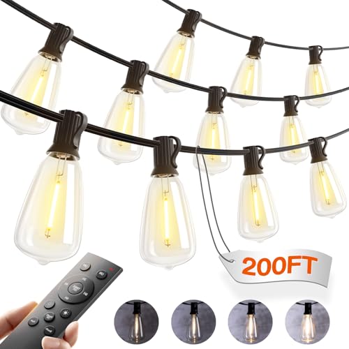 200(50FT*4) Outdoor String Lights with Remote LED Edison Waterproof (Black-Remote / 200FT (45 Sockets))