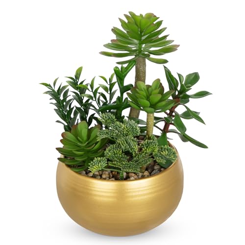 Artificial Succulent Plants in Gold Pot Faux Succulent Arrangement Fake Potted Plants with Pebbles for Home Office Desk Shelf Table Decor (Gold #02)