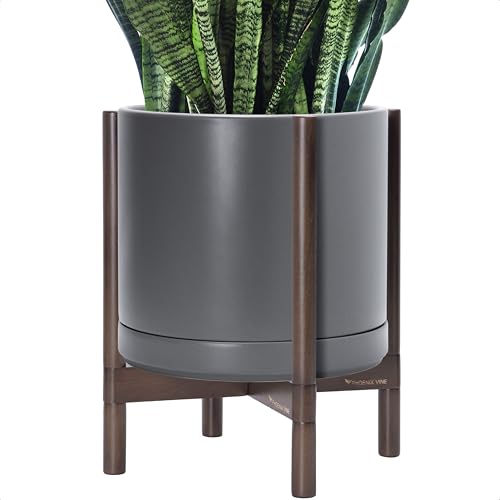 Ceramic Pot with Walnut Wood Stand (14 Inch / Grey Pot + Walnut Color Stand)