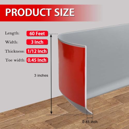 Vinyl Wall Base Rubber Baseboard Molding Trim Self Adhesive 3" Wide (Gray / 3in x 60ft)