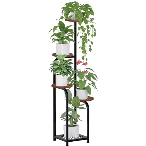 Tall 5 Tier Corner Plant Stand Indoor (Wood + Black / 5-Tier Square Base)