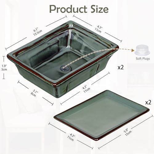 Set of 2 Bonsai Pots with Drainage Tray (Green / 6.2"x4.5"x1.9")