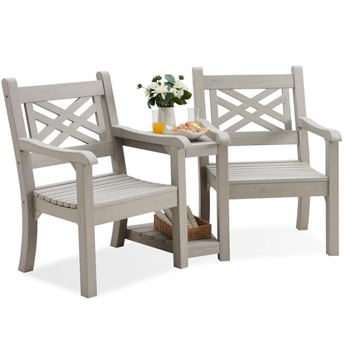 2 Person Poly Lumber Conversation Bench with Middle Side Table (Light Grey / Conversation Bench with Side Table)