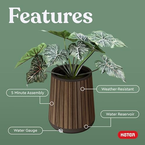 Signature Conic 23.8 Inch Tall Round Large Wood Look Planter for Indoor or Outdoor Flower Pot Ideal for Patio Deck and Front Porch Decor