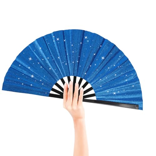 2 Pack Glitter Large Folding Hand Fans for Line Dancing (Royal Blue)