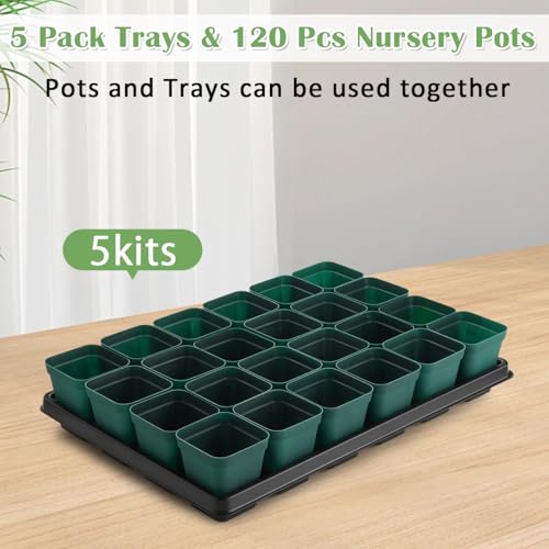2.8 inch (7CM) Square Nursery Pots 120pcs (Green) and 24 Cell Nursery Pots Trays 5 Pack, Plastic Seedling Starter Tray with Drain Holes for Carrying and Holding Plant Pot(17"x11"x1.6") (Green / Pots 120 Pcs with 5 Pack Trays)