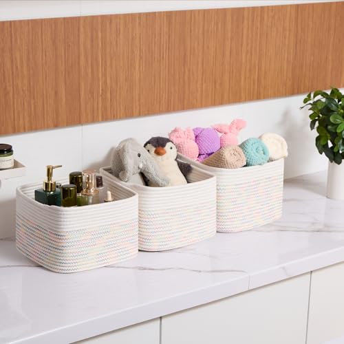 Small Organizing Baskets for Cubes Shelf (Square-9L (▢9.7"×9.7"×H7.1") / Off White & Rainbow Stitches)