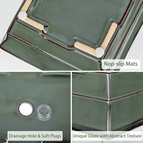 Set of 2 Bonsai Pots with Drainage Tray (Green / 6.2"x4.5"x1.9")