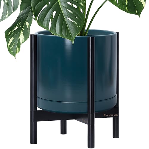 Ceramic Pot with Ebony Wood Stand (14 Inch / Teal Pot + Ebony Stand)