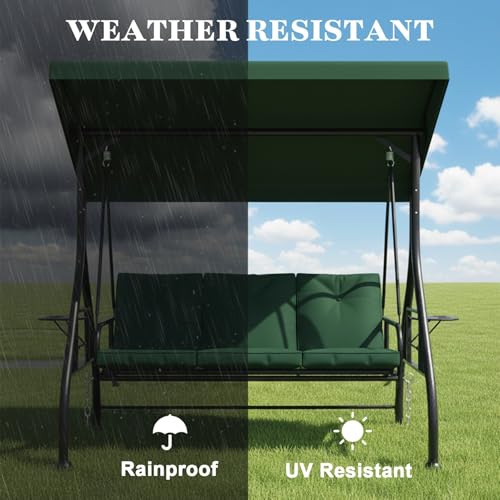 3 Seat Patio Porch Swing with Adjustable Canopy and Stand (Green / with cup holder)