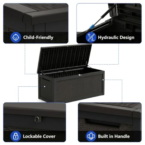 320 Gallon Outdoor Storage Box Resin Deck Box All Weather Waterproof Large Lockable Storage Container Deck Box for Patio Cushions (Black / 320 GAL NEW)