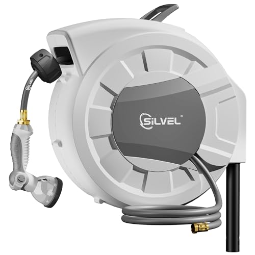 Automatic Retractable Garden Hose Reel on Metal Spike (Light Grey / 1/2" x 90FT)