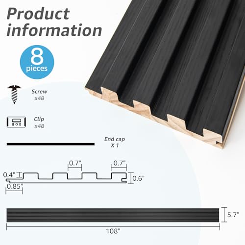 108 x 5.7 Inch Slat Wood Wall Paneling for Interior Decor (8Pcs-108 x 5.7 Inch / Slat Black)