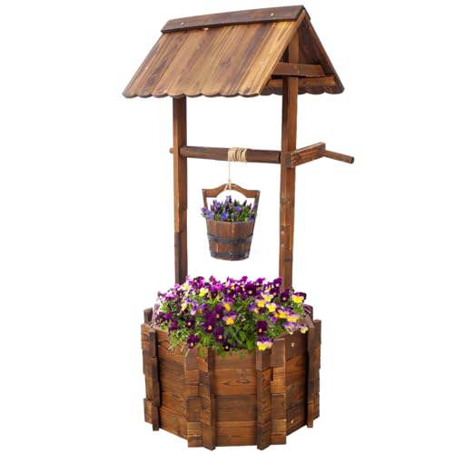 Rustic Wooden Wishing Well Planter Outdoor Home Décor for Patio (20 Inch)