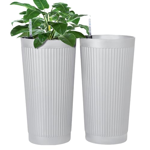 Self Watering Tall Planters Set of 2 (White-round Ribbed)