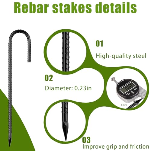 Rebar Stakes 12Inch (J-12in-1/4-32pcs / Black-J-HOOK)