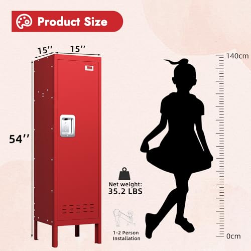 Metal Kids Locker (Red-1 / 1 Door-(54" H x 15" W x 15" D))