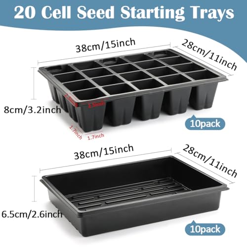 10 Pack 2.5 inch Square Pots 3.5 inch Deep 20 Cell Seedling Plug Trays with Water Collection Nursery Trays (20 Cell Plug Trays + Flat Trays-10P)