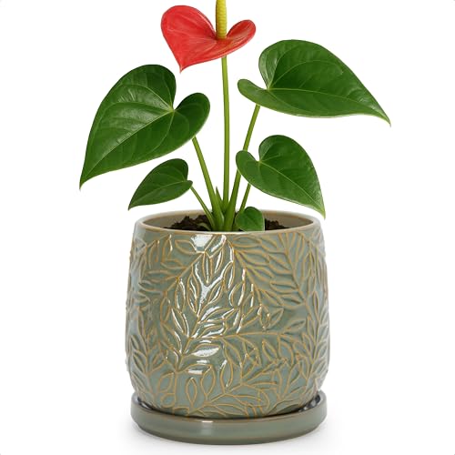 Embossed Leaves Ceramic Planter (5 Inch / Olive)