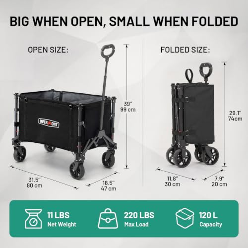 3 in 1 Wagon Cart Converts to Bench 120L Foldable Cart Side Open (Black Updated Compact)